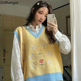 Kawaii Flowers V-neck Knitting Vest